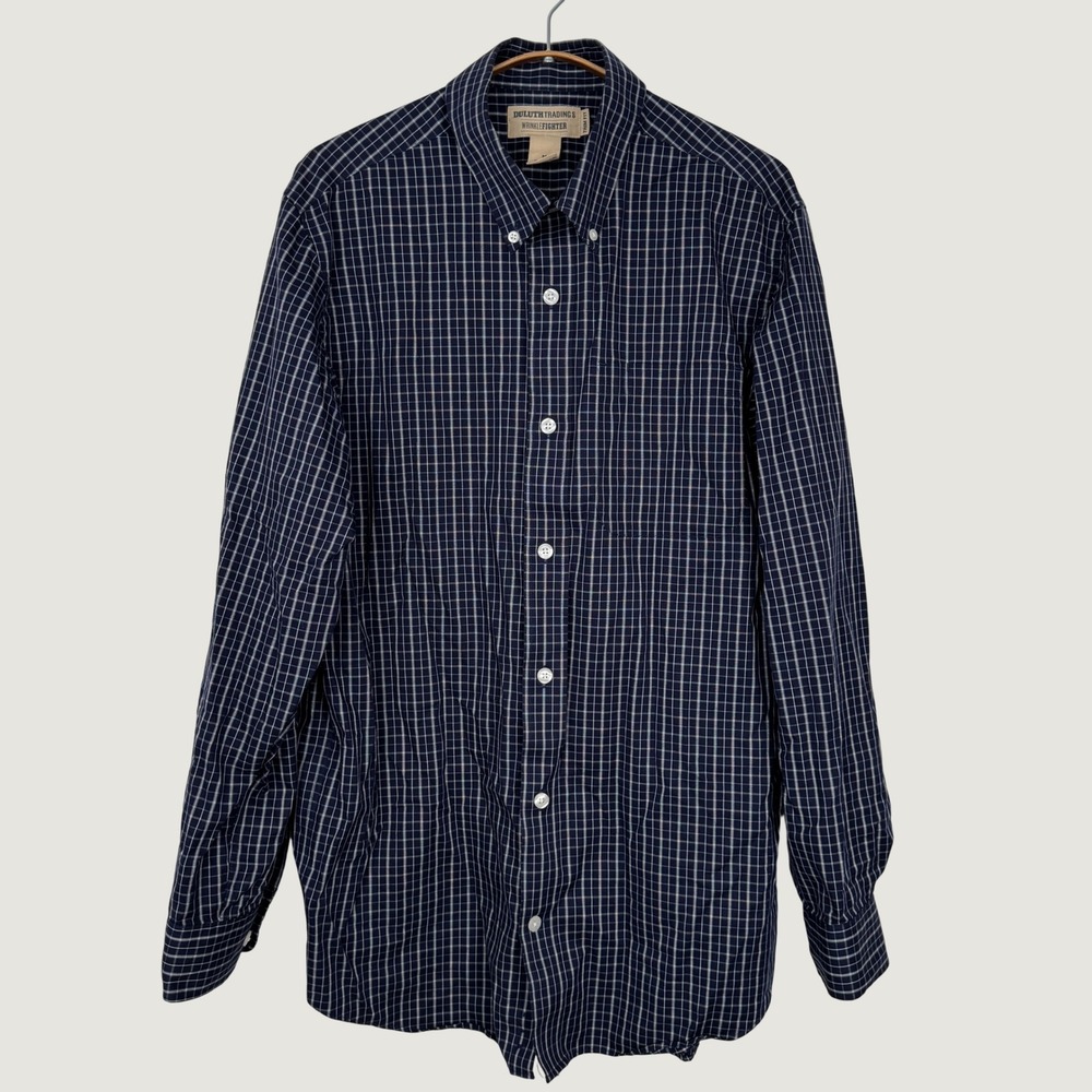 Duluth Trading Co Mens Wrinkle Fighter Navy Check Button Down Shirt Trim Fit M